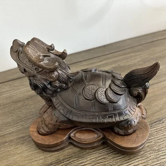 Smoking Dragon Tortoise Turtle Beast Hand Carved Boxwood Wealth Statue Sculpture - Picture 9 of 16